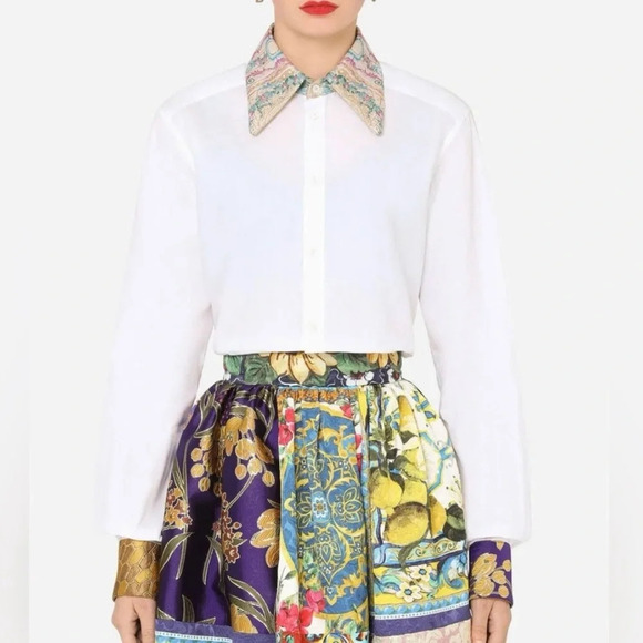 DOLCE & GABBANA Women’s White Floral Jacquard Cotton Long Sleeves  Blouse - Picture 1 of 11